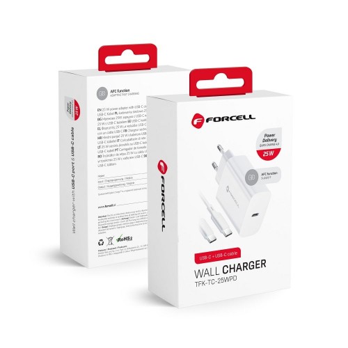 TRAVEL CHARGER FORCELL F-ENERGY TFK-TC-25WPD + CABLE TYPE-C TO TYPE-C QC4.0 3A 25W WHITE