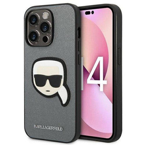 ΘΗΚΗ ΓΙΑ APPLE IPHONE 14 PRO KARL LAGERFELD FACEPLATE SAFFIANO WITH KARL HEAD PATCH SILVER KLHCP14LSAPKHG